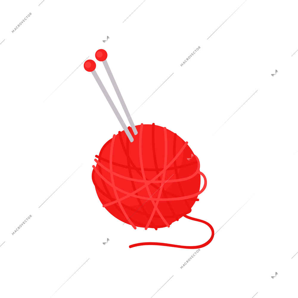 Isometric knitting composition with isolated image of red knitting clew with needles vector illustration