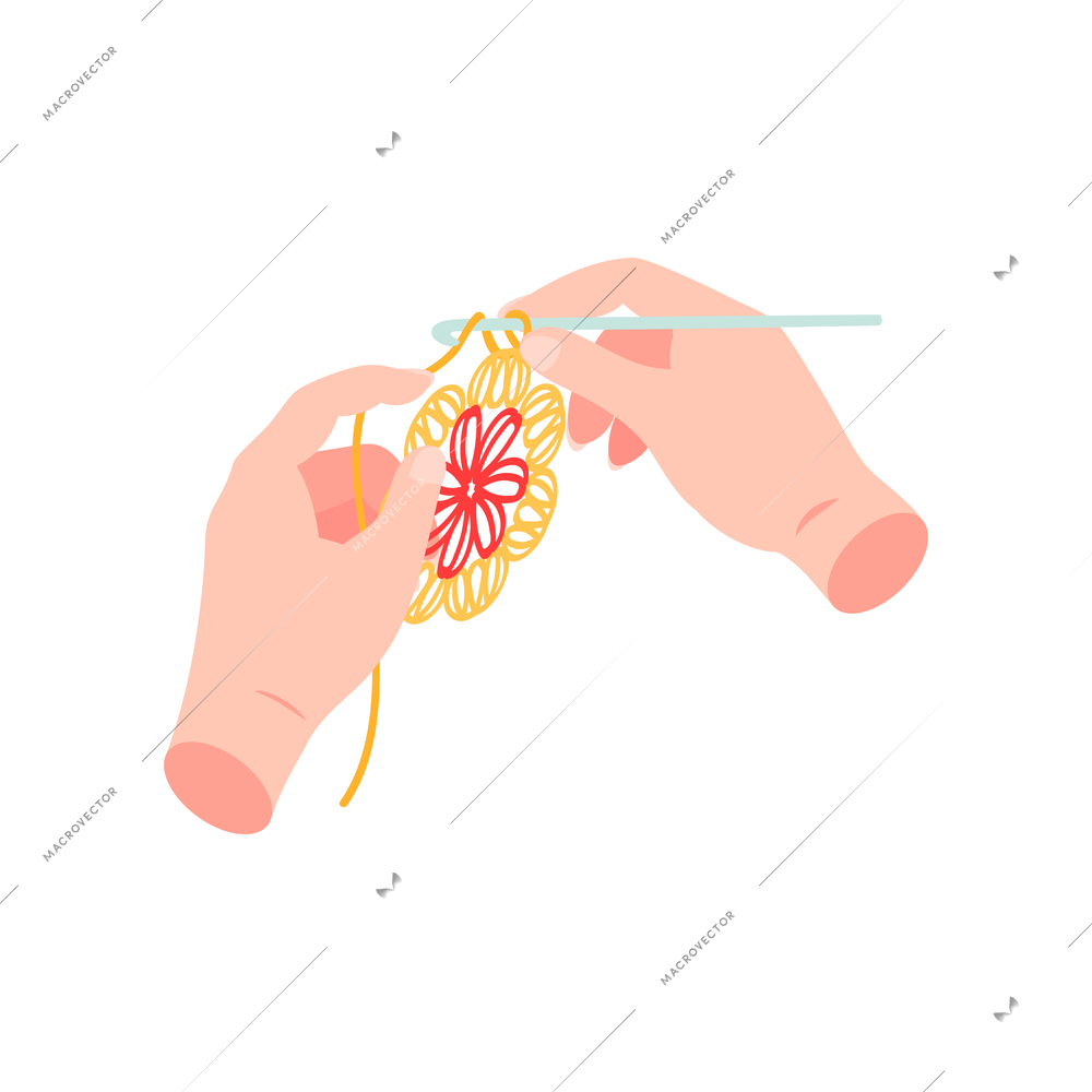 Isometric knitting composition with isolated image of hand made knitted product and hands vector illustration