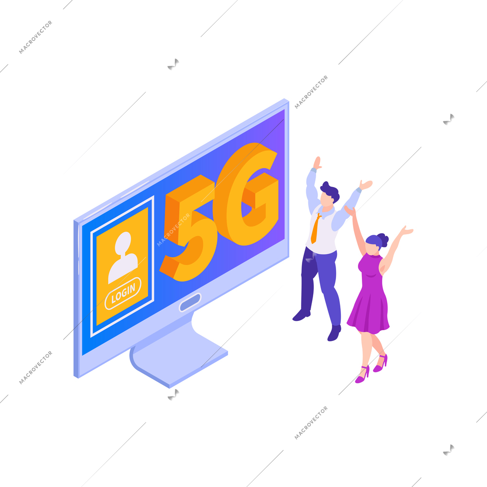 Isometric 5g internet composition with icons of high speed internet with desktop computer and people vector illustration