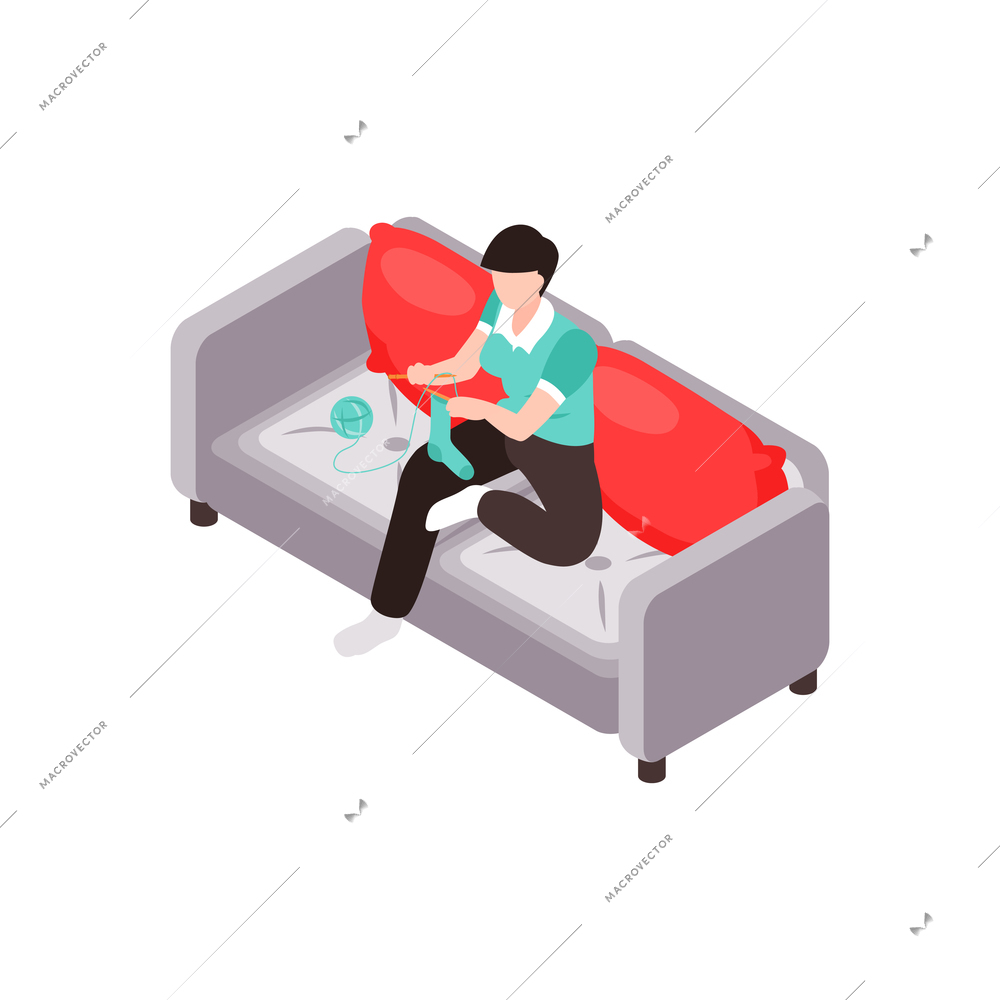 Isometric knitting composition with isolated image of person sitting on sofa vector illustration