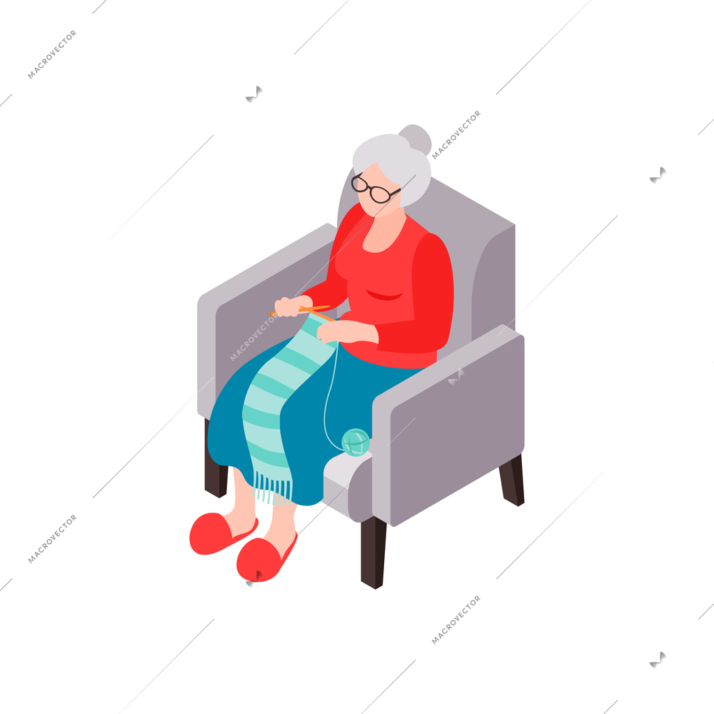 Isometric knitting composition with isolated image of senior woman sitting on chair vector illustration