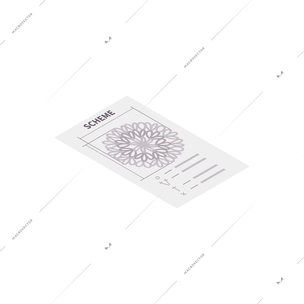 Isometric knitting composition with isolated image of paper sheet with scheme of knitting vector illustration