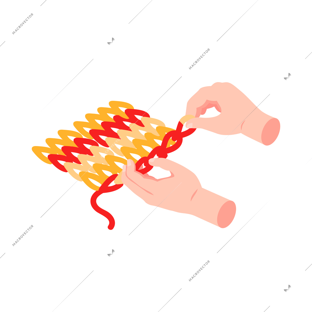 Isometric knitting composition with isolated image of hand made knitted product and hands vector illustration