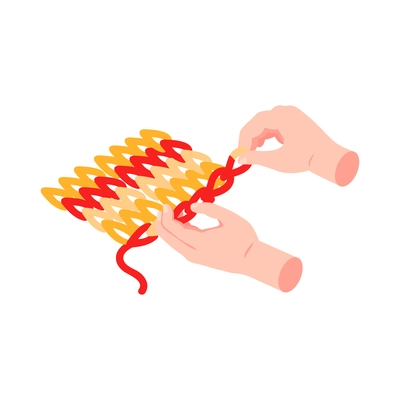 Isometric knitting composition with isolated image of hand made knitted product and hands vector illustration