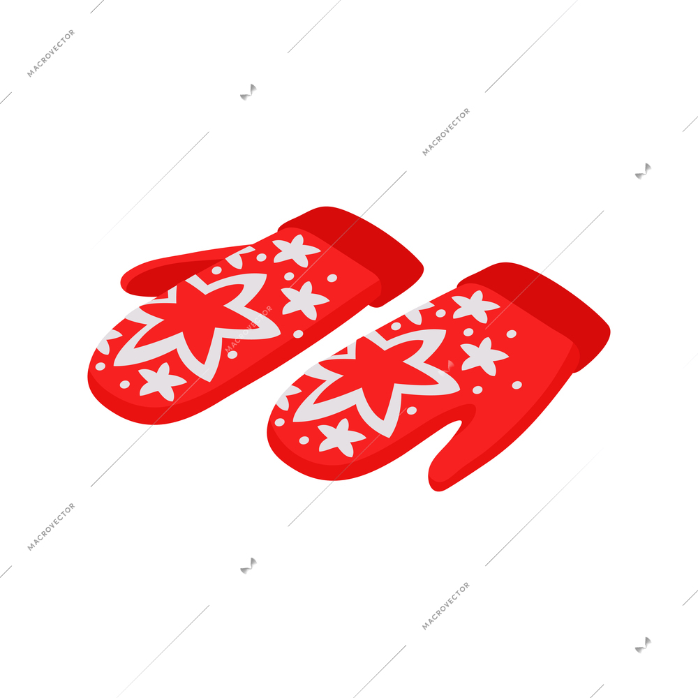 Isometric knitting composition with isolated image of knitted gloves with images of snowflakes vector illustration