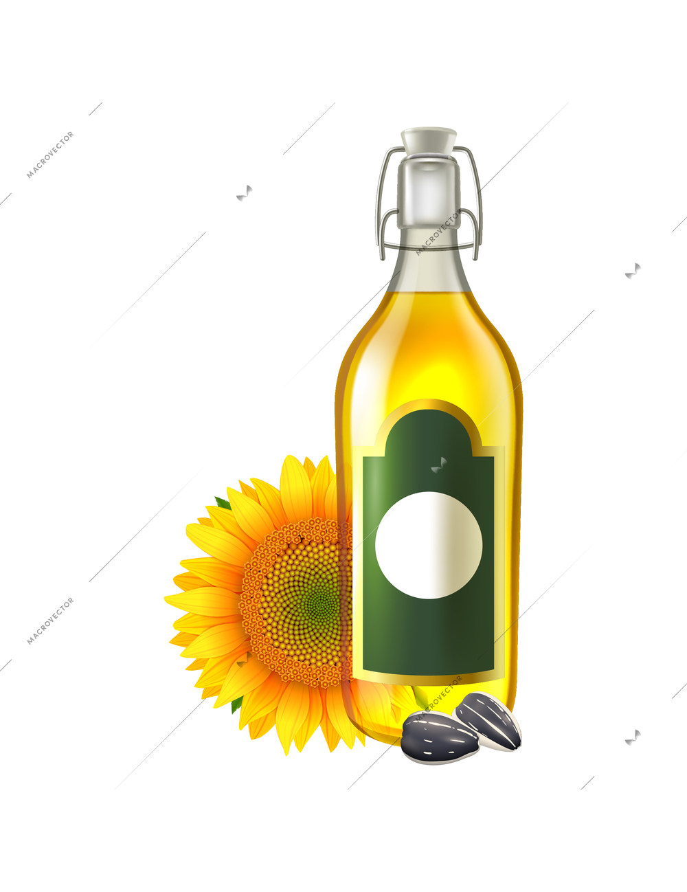 Realistic oil product composition with fruit slice and bottle of oil on transparent background vector illustration