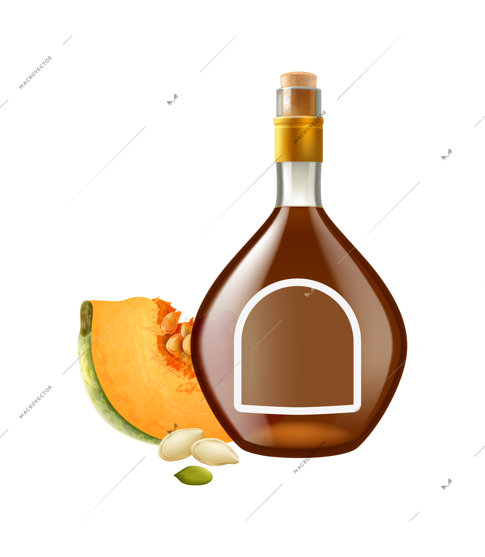 Realistic oil product composition with fruit slice and bottle of oil on transparent background vector illustration