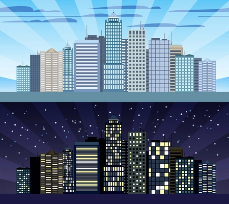 Modern urban building cityscape skyline day and night tileable borders set isolated vector illustration