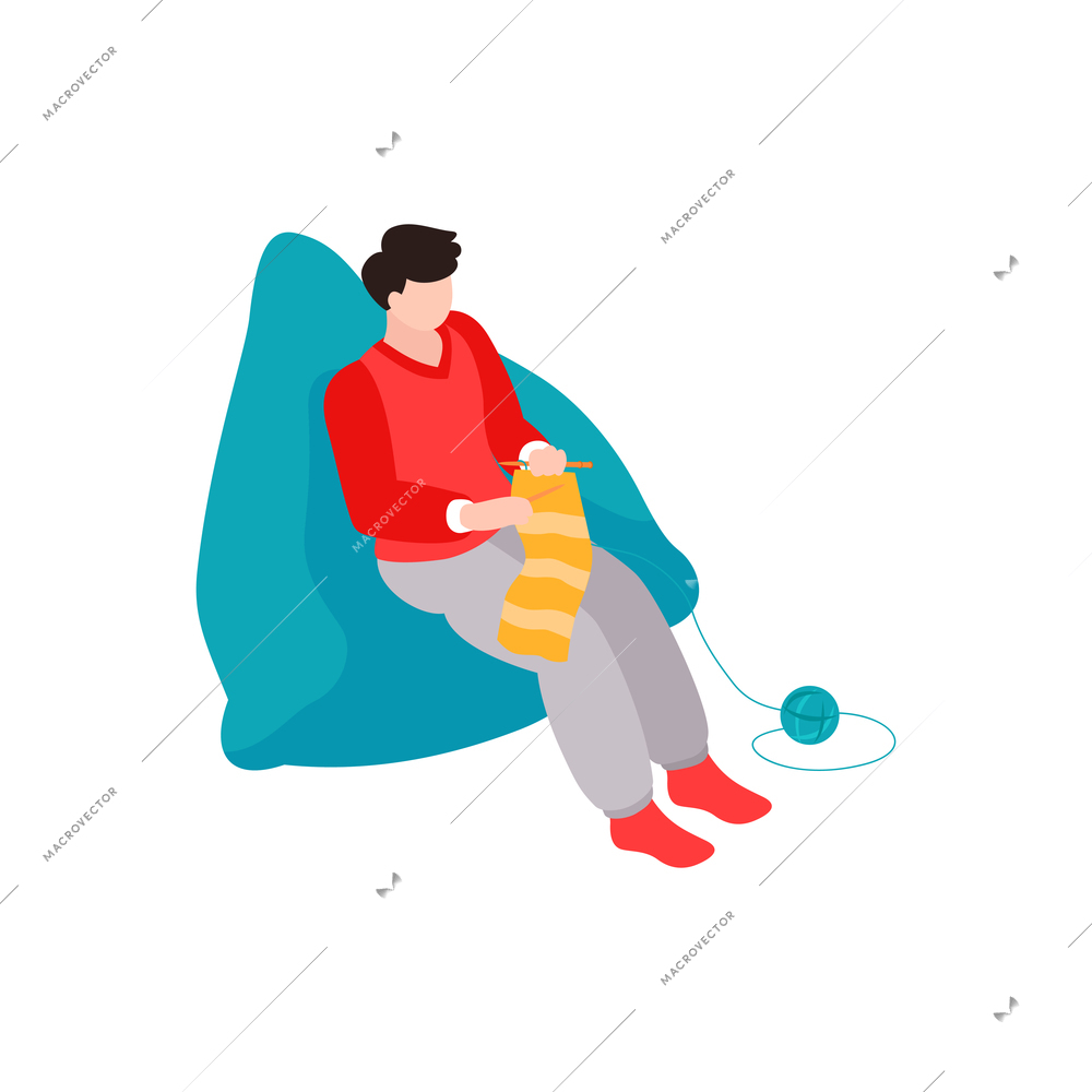 Isometric knitting composition with isolated image of person sitting on soft chair vector illustration