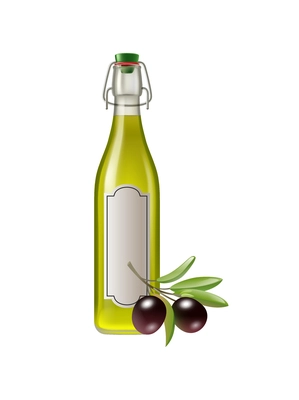 Realistic oil product composition with fruit slice and bottle of oil on transparent background vector illustration