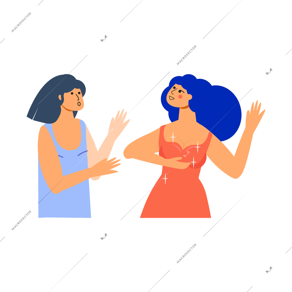 Plastic surgery flat composition with two talking female friends with new augmented breast vector illustration