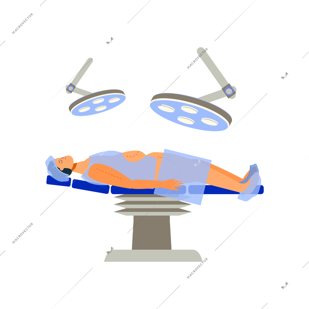 Plastic surgery flat composition with body contouring and rejuvenation operation with surgery room equipment vector illustration