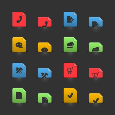 Online shopping iconset on moving stubs, two positions isolated vector illustration