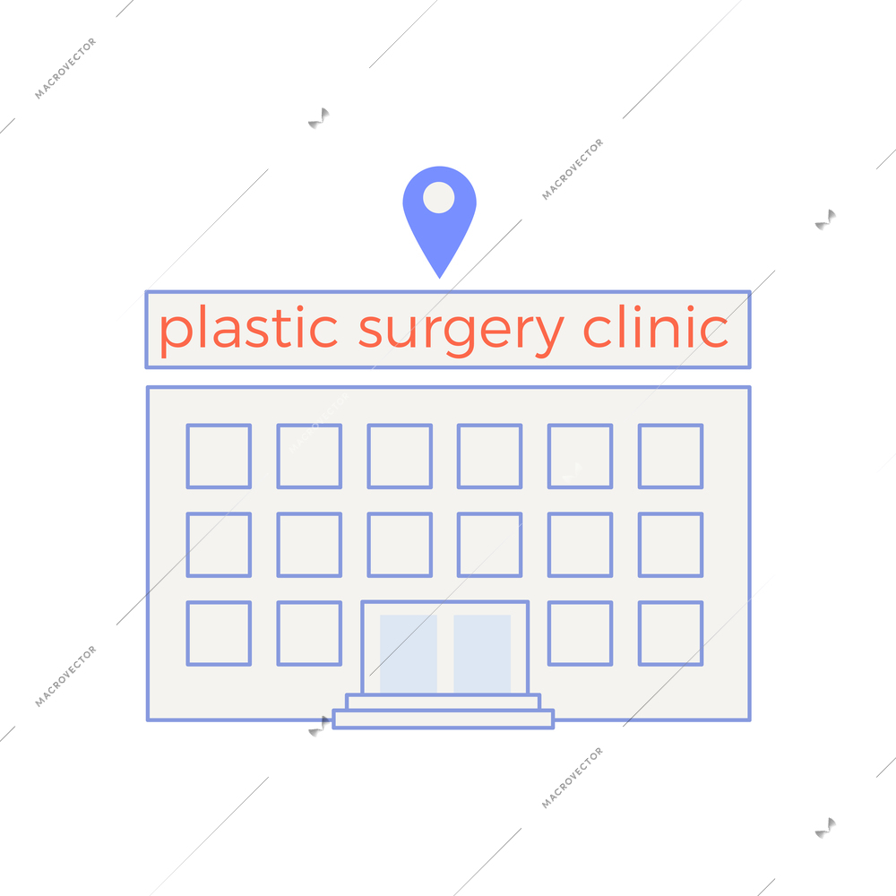 Plastic surgery flat composition with body contouring facial rejuvenation clinic building vector illustration