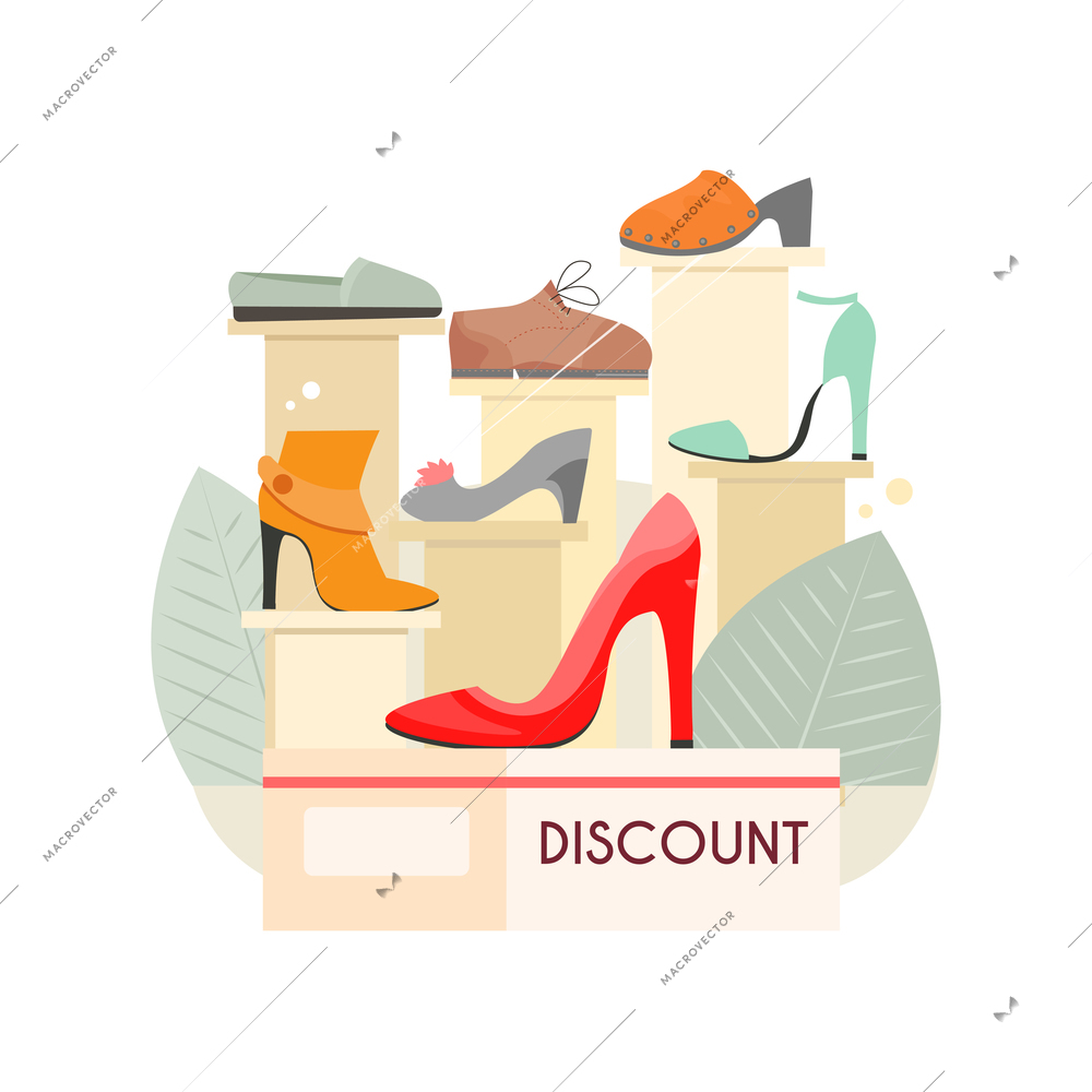 Footwear designer shoemaker shop flat composition with shoes sale shop display vector illustration