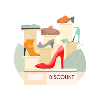 Footwear designer shoemaker shop flat composition with shoes sale shop display vector illustration