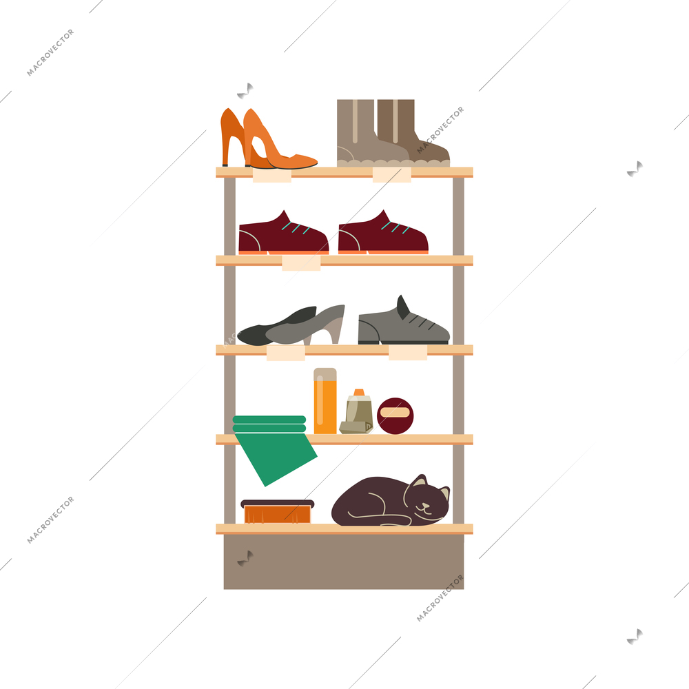Footwear designer shoemaker shop flat composition with different shoe models on wooden shelves vector illustration