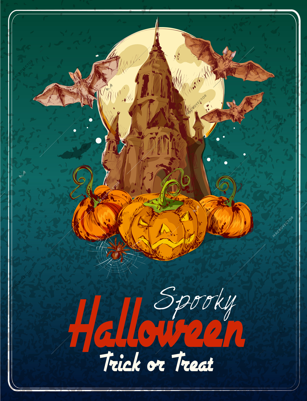 Halloween colored sketch background with castle pumpkins and bats vector illustration