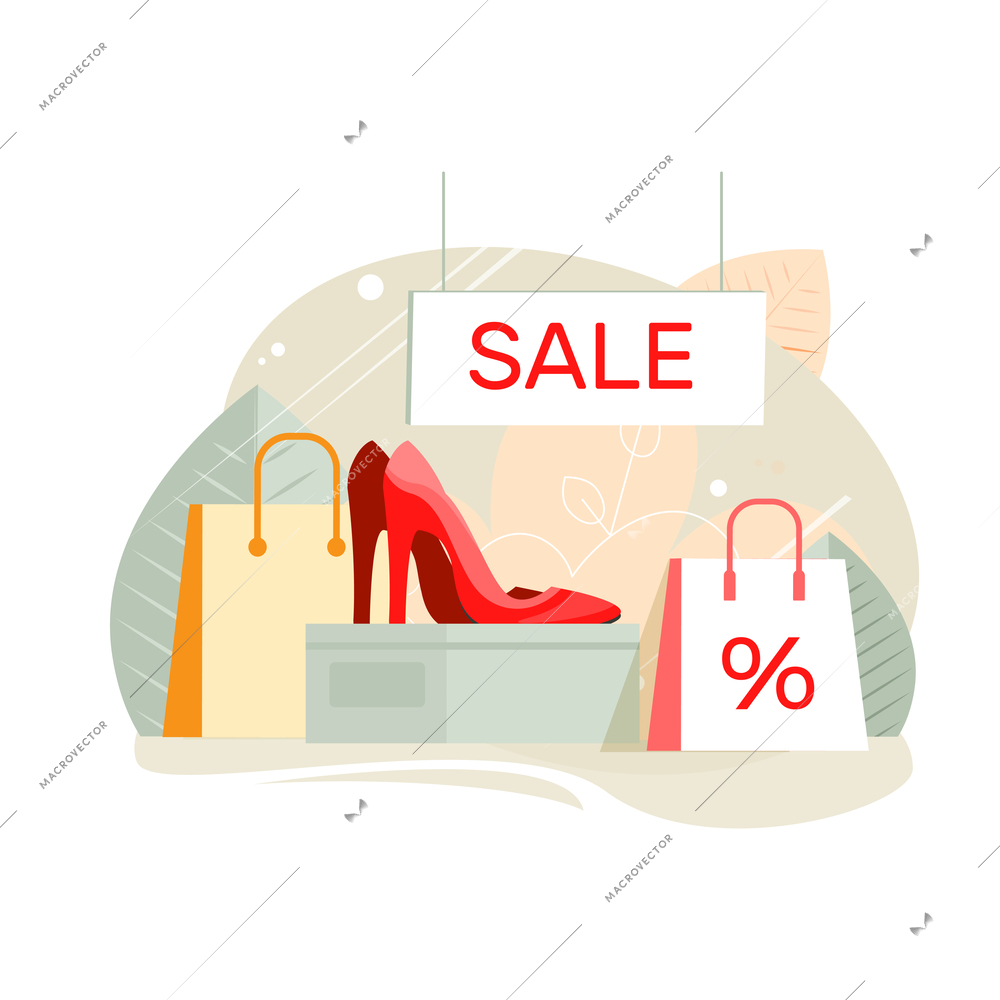 Footwear designer shoemaker shop flat composition with ladies shoes sale shop display vector illustration