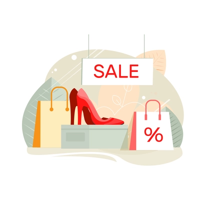 Footwear designer shoemaker shop flat composition with ladies shoes sale shop display vector illustration