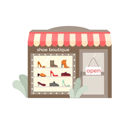 Footwear designer shoemaker shop flat composition with view of storefront of shoe boutique vector illustration