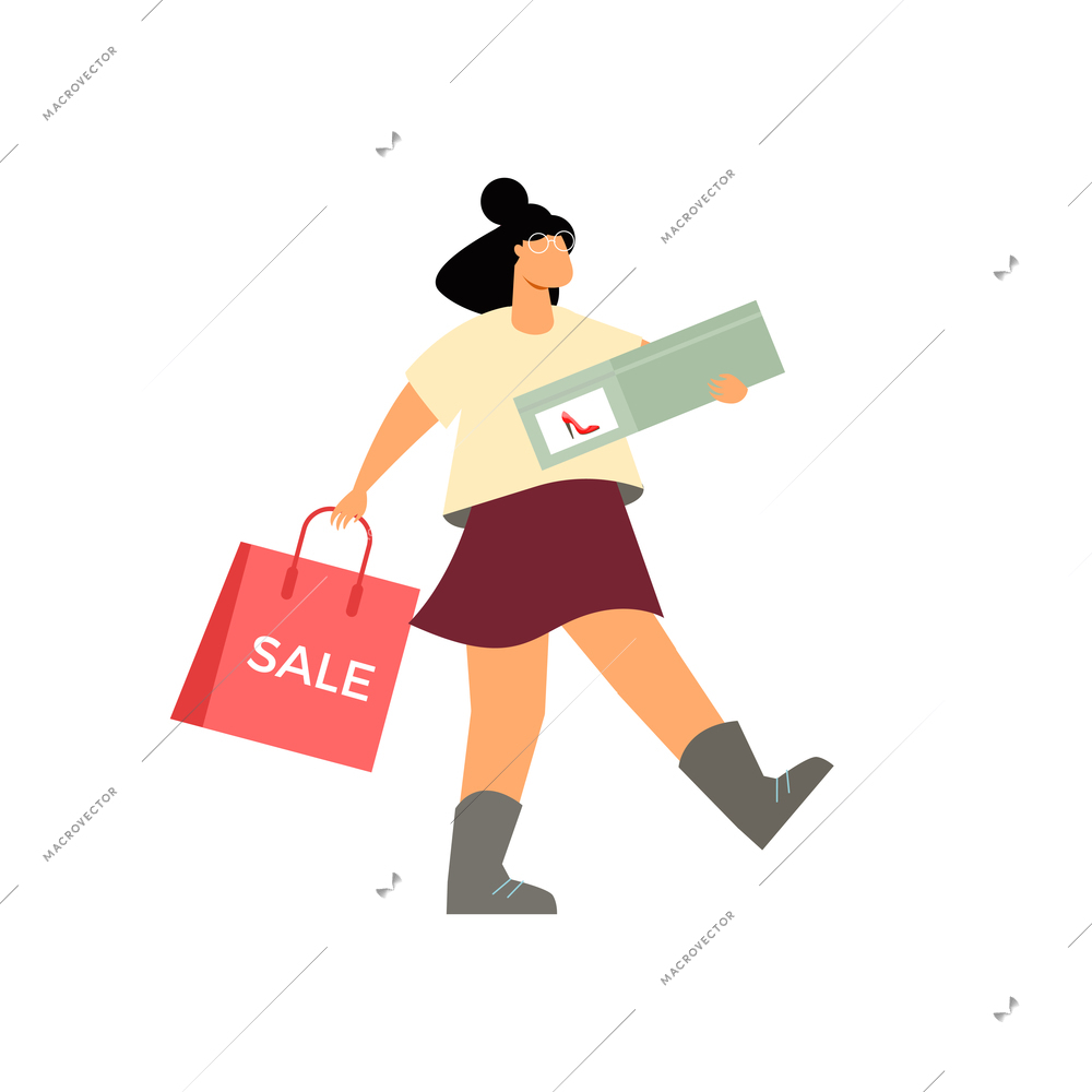 Footwear designer shoemaker shop flat composition with happy female customer just purchased shoes vector illustration