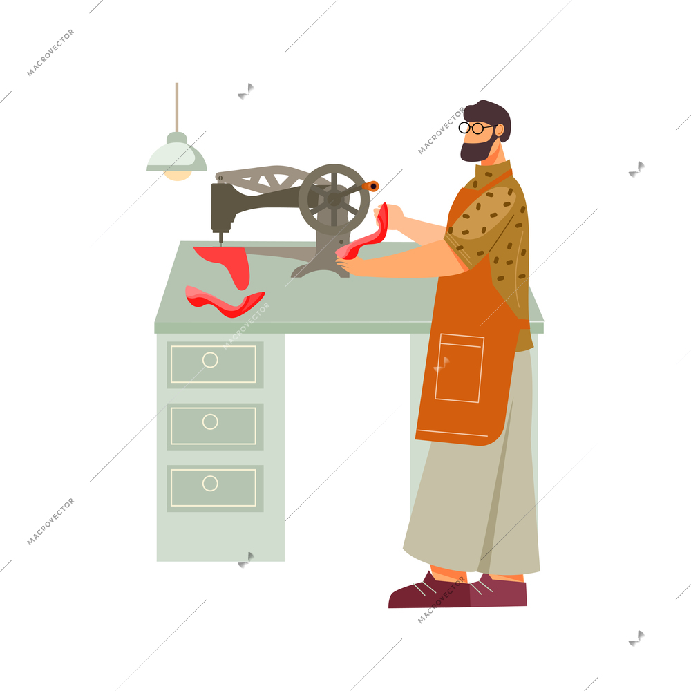 Footwear designer shoemaker shop flat composition with male worker with sewing machine and shoe vector illustration