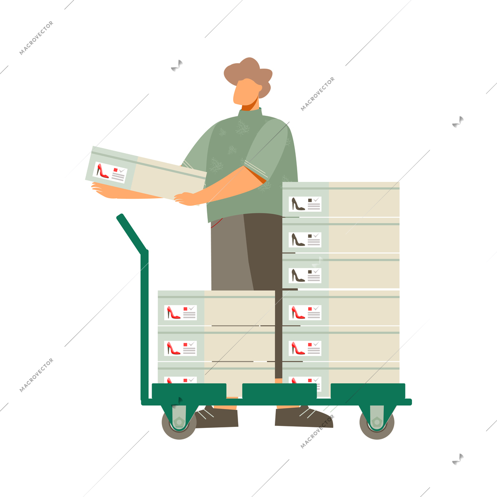 Footwear designer shoemaker shop flat composition with warehouse worker with trolley and shoes in boxes vector illustration