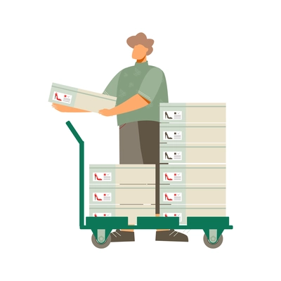 Footwear designer shoemaker shop flat composition with warehouse worker with trolley and shoes in boxes vector illustration