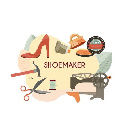 Footwear designer shoemaker shop flat composition with isolated images of shoe making equipment vector illustration