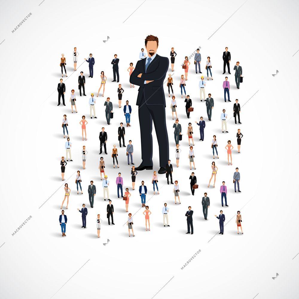 Group of people adult professionals business team with huge figure of young man vector illustration