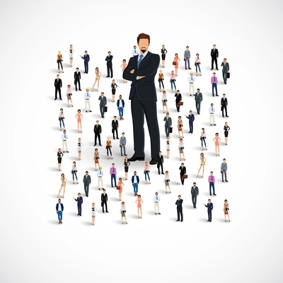 Group of people adult professionals business team with huge figure of young man vector illustration