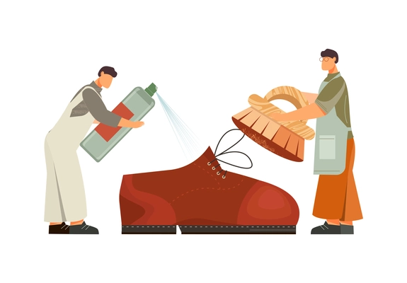 Footwear designer shoemaker shop flat composition with pair of workers taking care of shoe vector illustration