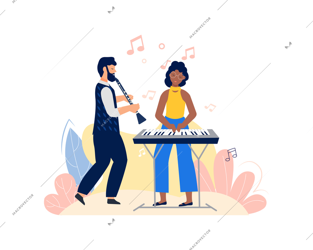 Music people compositions set with flat human characters of musicians playing musical instruments on blank background vector illustration