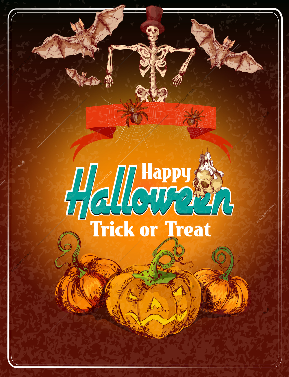 Halloween colored sketch background with pumpkin and skeleton vector illustration