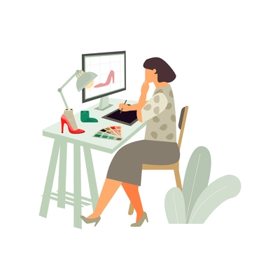 Footwear designer shoemaker shop flat composition with woman at computer table calling client vector illustration