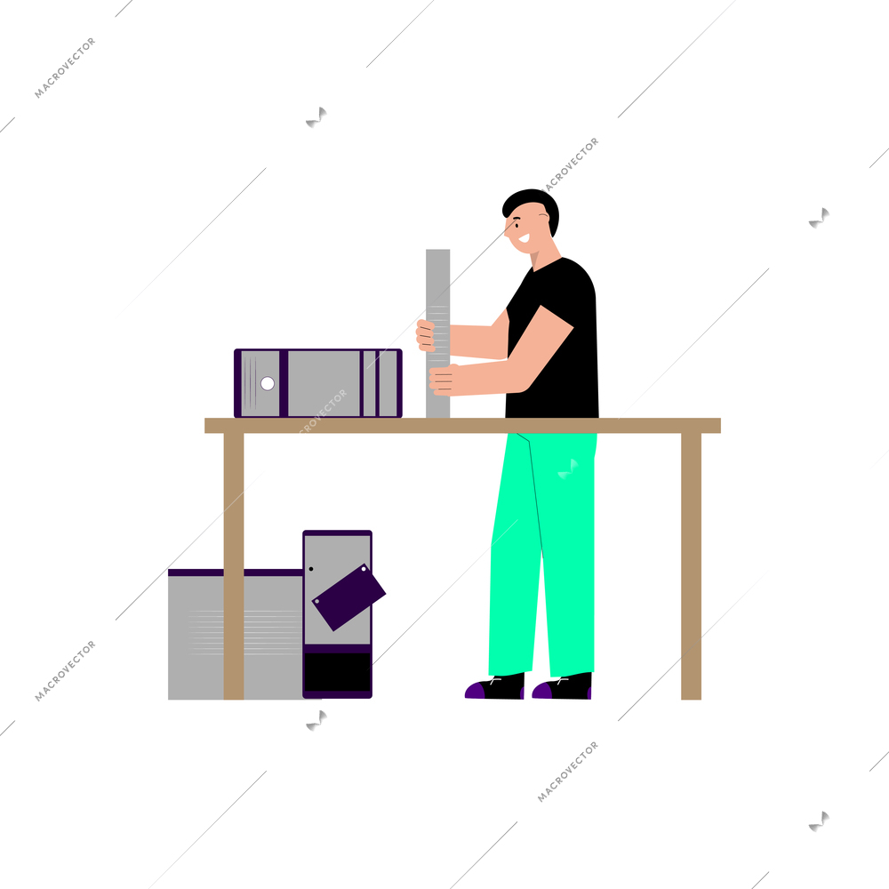 It specialist flat composition with doodle character of technician at table building desktop computer vector illustration