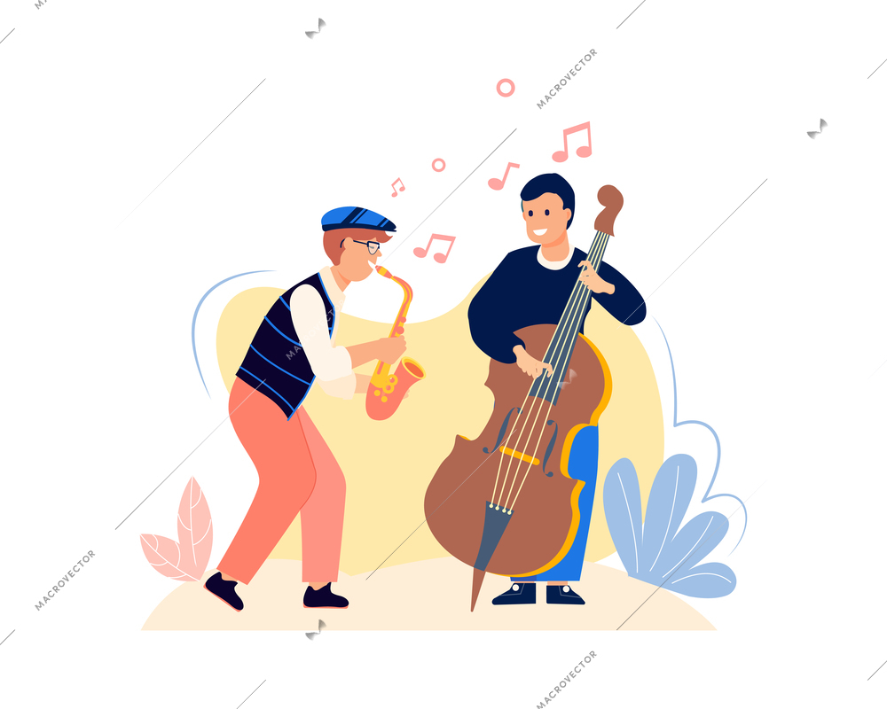 Music people composition with flat human characters of saxophone and bass player with notes vector illustration