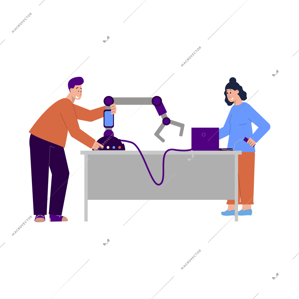 It specialist flat composition with doodle characters of fellow technicians with robotic manipulator and laptop vector illustration