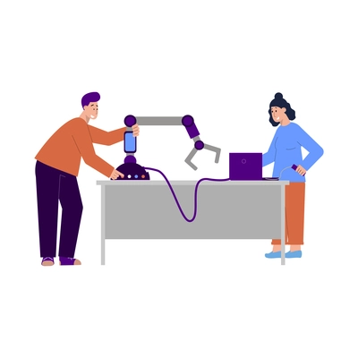 It specialist flat composition with doodle characters of fellow technicians with robotic manipulator and laptop vector illustration