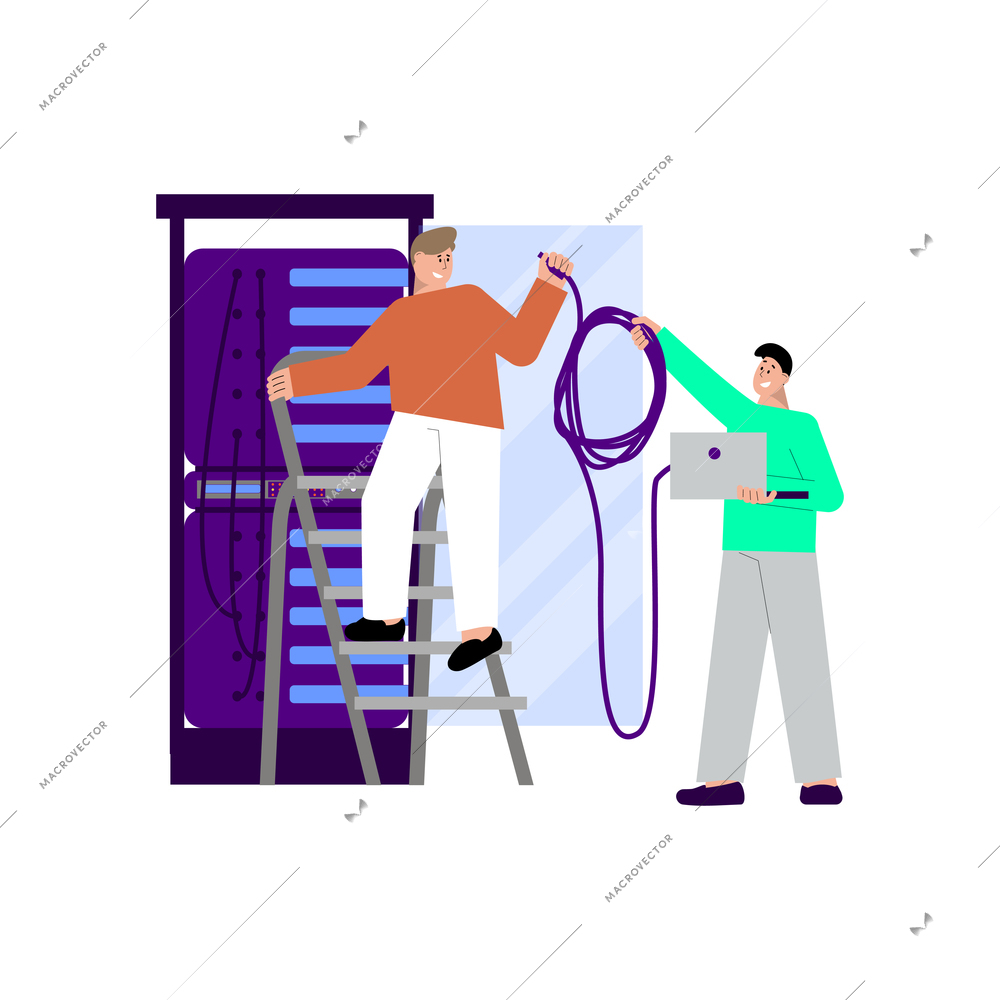 It specialist flat composition with doodle characters of technicians performing server rack maintenance vector illustration