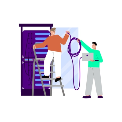 It specialist flat composition with doodle characters of technicians performing server rack maintenance vector illustration