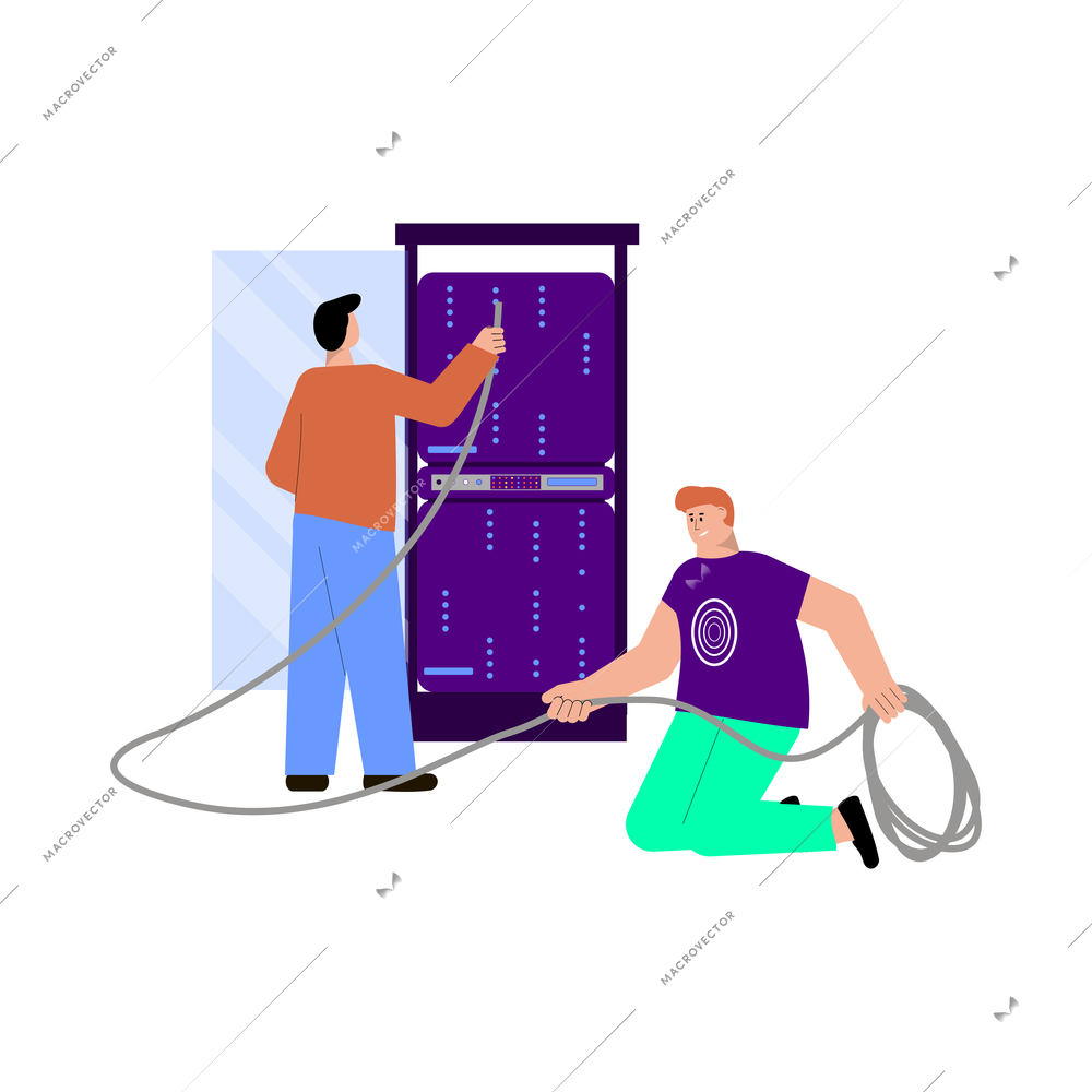 It specialist flat composition with doodle characters of technicians performing server connection vector illustration