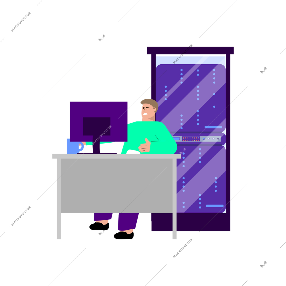 It specialist flat composition with server rack and back end programmers working place vector illustration