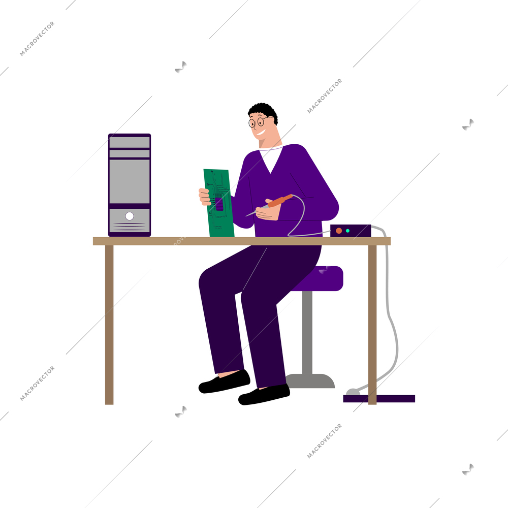 It specialist flat composition with doodle character of technician at table soldering circuit board vector illustration