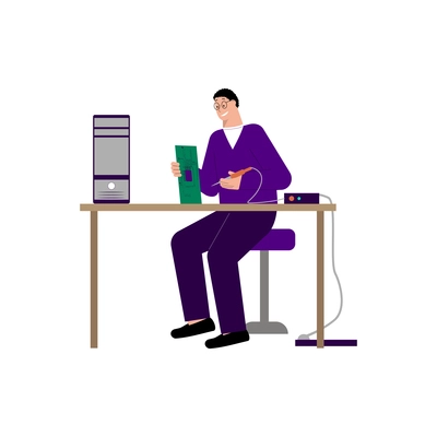 It specialist flat composition with doodle character of technician at table soldering circuit board vector illustration