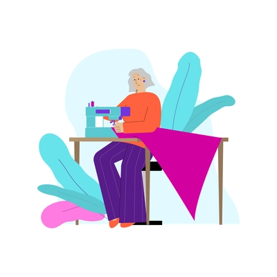 Hobby adult composition with doodle character of senior woman at sewing machine vector illustration