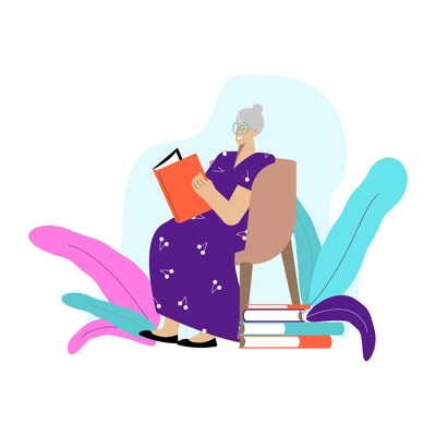 Hobby adult composition with doodle character of senior woman reading book sitting on chair vector illustration