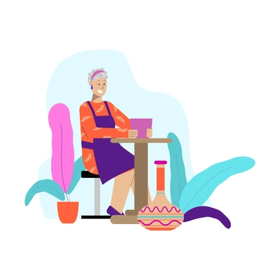 Hobby adult composition with doodle character of senior woman making pottery goods vector illustration