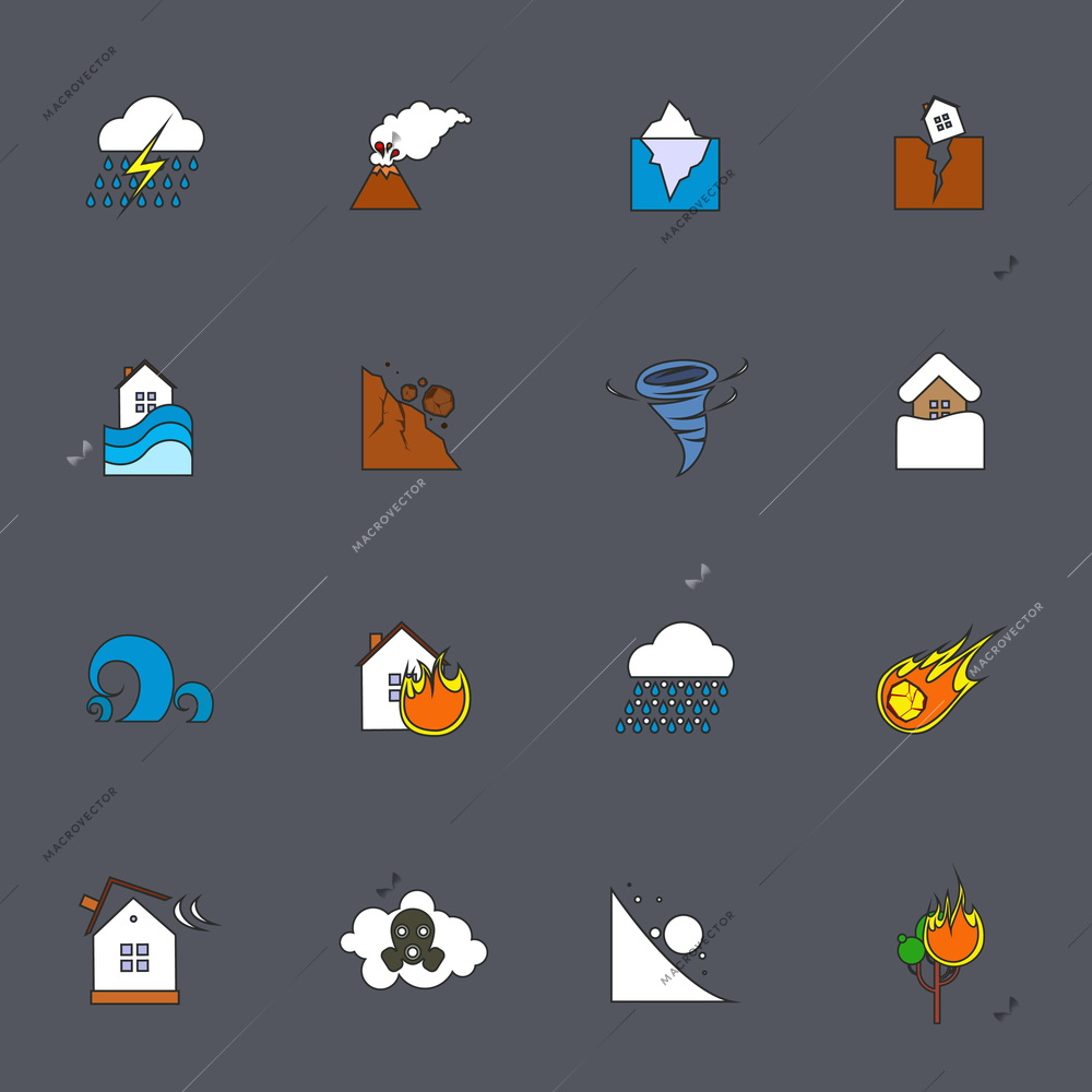 Natural disaster accident environmental catastrophe icons flat line set isolated vector illustration